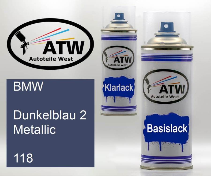 BMW, Dunkelblau 2 Metallic, 118: 400ml Sprühdose + 400ml Klarlack - Set, von ATW Autoteile West.